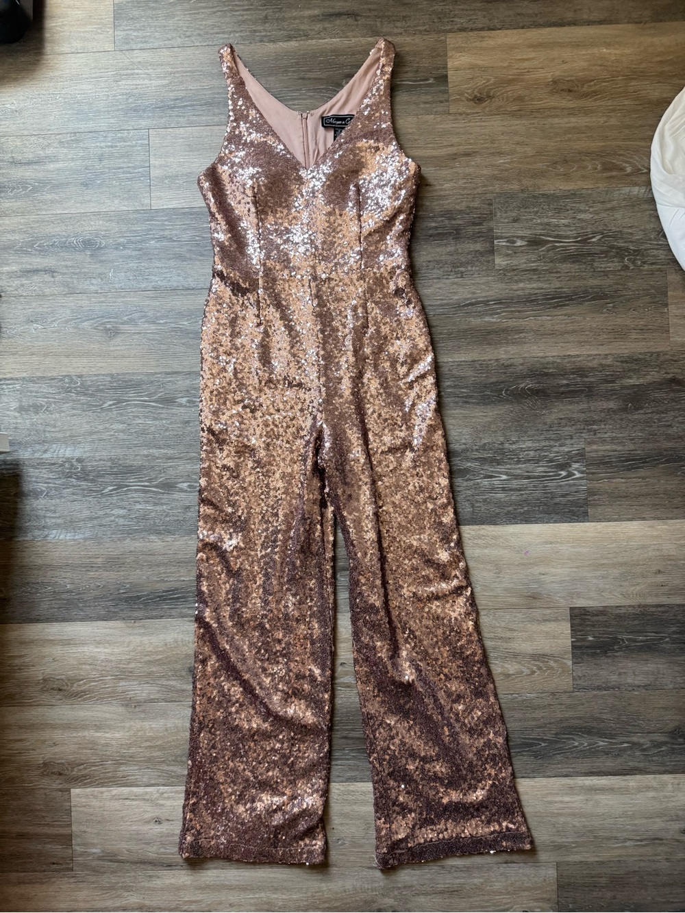 Morgan & Co. Rose Gold Sequin Jumpsuit - Sparkling Wide-Leg